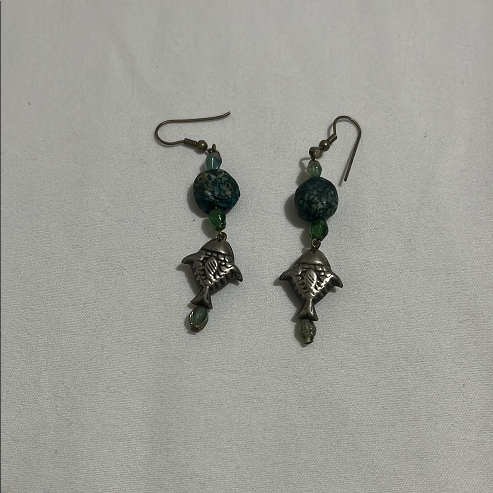 Silver and Green Dangle Earrings with Ornamental Charm